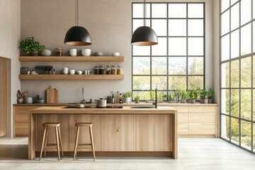 Wall Mural - Modern kitchen with wooden elements, large windows, and greenery for a bright, inviting space.