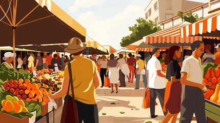 Canvas Print - An illustration of a busy outdoor market with people shopping for fresh produce.