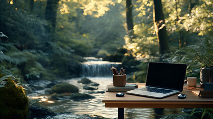 Wall Mural - Modern desk with laptop set up by a bubbling brook in a forest creating a focused yet serene atmosphere