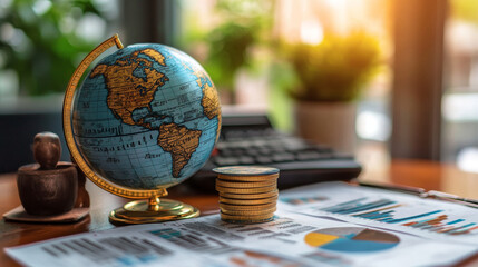 Poster - close up of globe representing global trade statistics, surrounded by coins and financial documents, evokes sense of economic growth and analysis