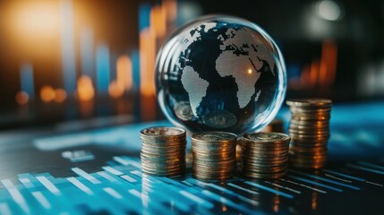 Poster - Transparent globe resting on stacks of coins, symbolizing global finance, investments, and economic growth amid digital market trends and data analysis.