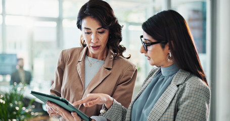 Poster - Tablet, discussion and business women in office with research for break in finance stock market. Meeting, digital technology and female financial advisors with online revenue, profit or equity report