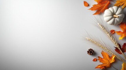 Poster - A minimalist corner border design for Thanksgiving, featuring scattered colorful fall leaves and wheat stalks in the top right corner for a modern touch.