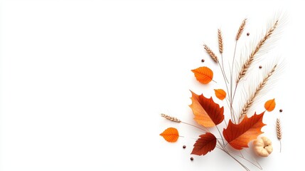 Aufkleber - A minimalist corner border design for Thanksgiving, featuring scattered colorful fall leaves and wheat stalks in the top right corner for a modern touch.
