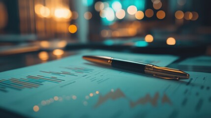 Poster - Business analytics report featuring colorful graphs, a sleek pen resting on paper, and a blurred background with warm bokeh lights creating a professional atmosphere.