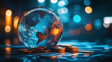 Poster - A Crystal Globe Surrounded by Stacked Coins Illuminated by Colorful Bokeh Lights, Symbolizing Global Finance and Economic Growth in a Modern Digital Environment