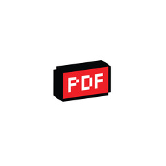 Poster - isometric pixel pdf file icon. Vector pixel art pdf document 8 bit logo for game