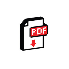 Poster - isometric pixel pdf file icon. Vector pixel art pdf document 8 bit logo for game