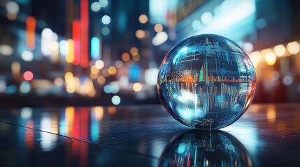 Poster - Abstract globe with digital data visualization reflecting city lights, representing global connectivity, technology advancements, and data-driven insights in a modern urban setting
