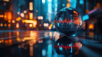 Poster - A Futuristic Globe Reflecting Vibrant City Lights with Sound Waves Displayed, Symbolizing Technology, Connectivity, and Global Communication in a Modern Urban Environment
