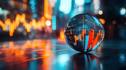 Poster - Abstract representation of a digital globe reflecting stock market trends with vibrant colors on a futuristic city background, symbolizing global finance and technology
