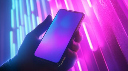 Aufkleber - A hand grips a smartphone featuring a blank screen, surrounded by colorful neon lights casting a vivid glow in a dimly lit setting, creating an atmospheric and modern look.