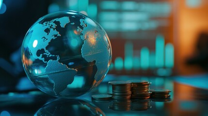 Poster - a transparent globe displaying the world overlaid on a table surrounded by stacks of coins with soft