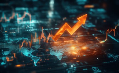 Poster - Abstract digital illustration of a rising graph with an upward arrow, symbolizing growth, success, and finance data analytics in a high-tech environment.