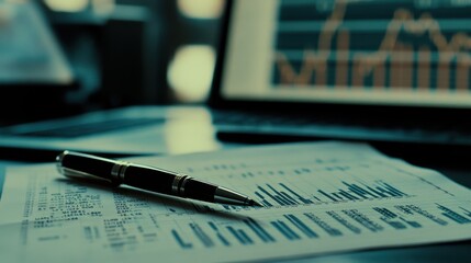 Poster - Business Financial Analysis with Charts and Data Overview Featuring Pen on Papers with Laptop in Background