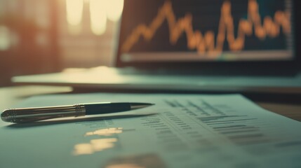 Poster - Close-Up of a Pen Resting on Financial Reports with a Laptop Displaying Trend Graphs in the Background and Soft Natural Light Streaming through the Window