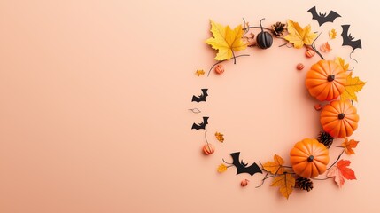 Wall Mural - A spooky Halloween wreath adorned with bright orange pumpkins, golden leaves, and eerie black bats, ideal for seasonal designs.