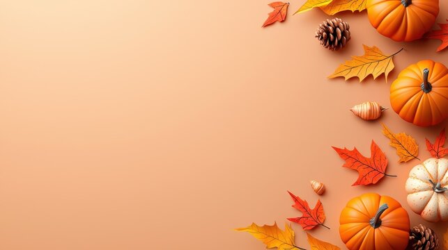 A stylish, minimalist Thanksgiving background with pumpkins, autumn leaves, and a warm gradient backdrop, giving a clean, modern touch to any fall-related messaging.