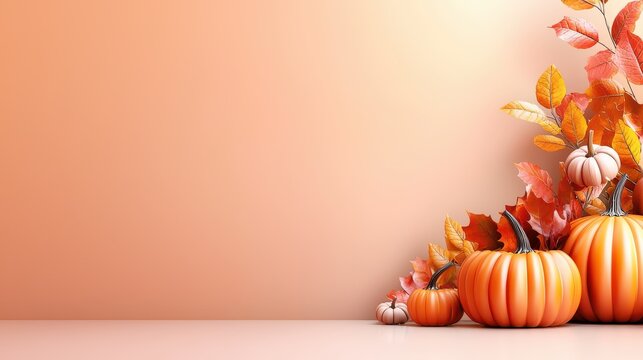 A stylish, minimalist Thanksgiving background with pumpkins, autumn leaves, and a warm gradient backdrop, giving a clean, modern touch to any fall-related messaging.