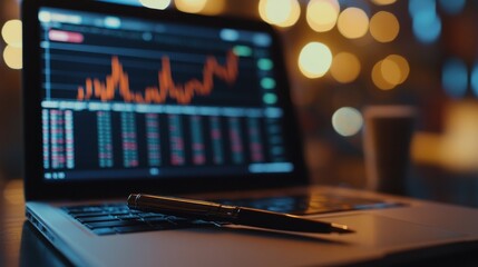 Aufkleber - Close-up of Laptop Displaying Financial Data Analysis with Vibrant Performance Charts and Blurred Warm Bokeh Lights in the Background During a Late-Night Work Session