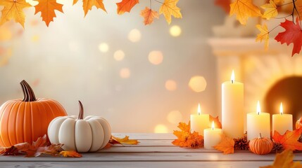 Wall Mural - A tranquil Thanksgiving background with a rustic fireplace, glowing candles, and autumn decorations like leaves and pumpkins, perfect for cozy vibes.