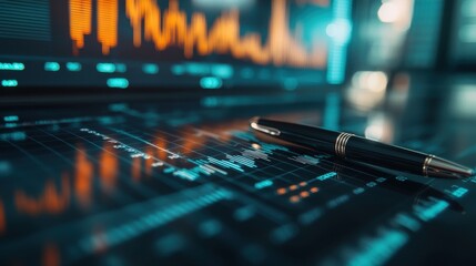 Aufkleber - Close-Up View of Financial Data Visualization with Graphs and Charts on Digital Screen, Featuring a Luxury Pen for Business and Investment Context