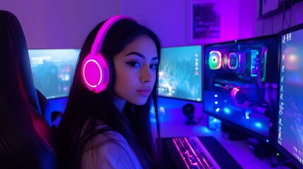Aufkleber - A young person is seated at a computer desk surrounded by multiple monitors and colorful LED lights. She wears headphones and appears focused on her gaming or creative work in the evening.