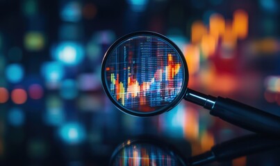 Poster - Detailed Analysis of Stock Market Trends Through a Magnifying Glass Focusing on Colorful Graphs and Data Visualization with a Futuristic Background