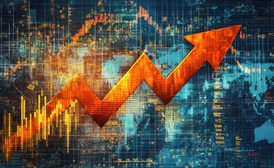 Poster - Dynamic Arrow Graphic Representing Financial Growth and Positive Trends in a Modern Digital Context with Data Visualization Elements and Global Background