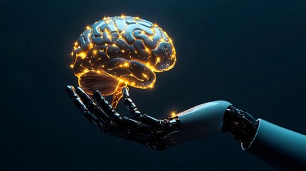 Poster - robotic hand holding glowing digital brain symbolizing enhanced cognition and