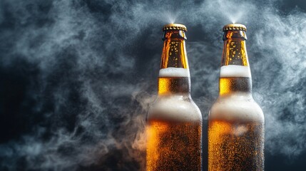 Fototapete - 45-degree topview Isolated on background two beer bottles mid-toast with golden liquid spraying upward on a smoky gray background with side empty space for text Stockphoto style
