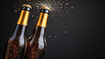 Fototapete - 45-degree topview Isolated on background two beer bottles mid-toast with golden liquid spraying upward on a smoky gray background with side empty space for text Stockphoto style