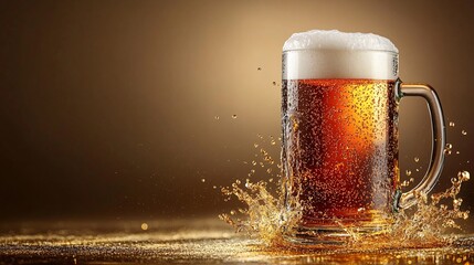 Fototapete - 45-degree topview Isolated on background a frosty beer stein with golden liquid splashing over its edge as bubbles rise on a muted gold background with side empty space for text Stockphoto style