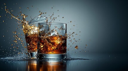 Fototapete - 45-degree topview Isolated on background two whiskey glasses colliding with amber liquid splashing and small droplets frozen mid-air on a charcoal gray background with side empty space for text