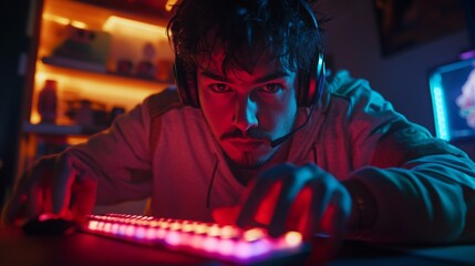 Poster - A focused young man engages intensely in an online gaming session at home, surrounded by vibrant lighting from his equipment. His concentration highlights the dedication of gamers today.