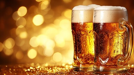 Fototapete - 45-degree topview Isolated on background two beer mugs in a toast with frothy liquid bursting outward on a warm golden-yellow background with side empty space for text Stockphoto style