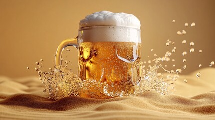 Fototapete - 45-degree topview Isolated on background a frothy beer mug with liquid splashing outward as foam overflows on a neutral sand-colored background with side empty space for text Stockphoto style