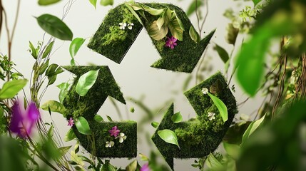 Wall Mural - A green recycling symbol surrounded by lush plants and flowers, emphasizing sustainability and environmental awareness.