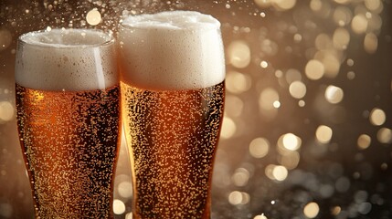Fototapete - 45-degree topview Isolated on background two frothy beer glasses colliding in celebration with liquid flying upward on a bold amber background with side empty space for text Stockphoto style