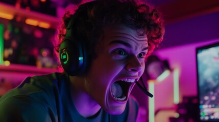 Poster - A young gamer shouts in joy, wearing a headset and immersed in gameplay. The vibrant lighting of the room enhances the excitement as he enjoys his gaming experience.