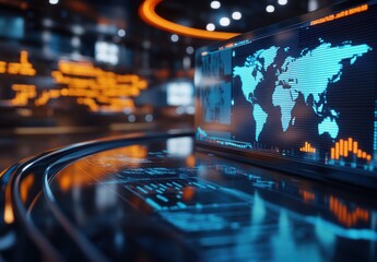 Poster - Futuristic Data Visualization with World Map and Graphs Displaying Financial Trends in a High-Tech Digital Environment