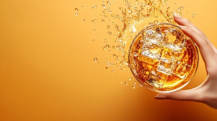 Fototapete - 45-degree topview Isolated on background a whiskey tumbler with ice cubes dynamically scattering and liquid splashing elegantly on a soft caramel background with side empty space for text Stockphoto