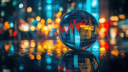 Poster - Futuristic Globe with Stock Market Data Reflected on Wet Surface Surrounded by City Lights, Symbolizing Global Economy and Financial Trends at Night