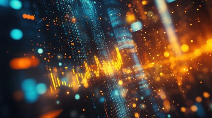 Poster - Abstract illustration of futuristic data visualization with bright glowing lines and particles, depicting the concept of digital information flow and technology innovation.