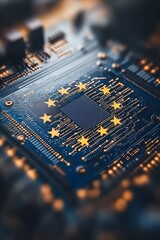 Poster - Digital Motherboard with Yellow Stars Symbol of Connectivity, Network, and Data Integration