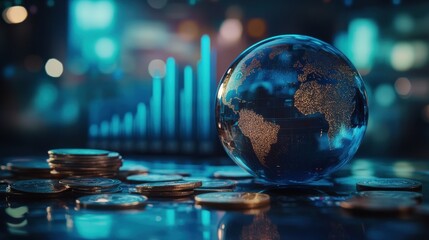 Poster - Glowing 3D Globe Surrounded by Coins with Financial Growth Graph in Background, Symbolizing Global Economy and Investment Opportunities in Digital Age