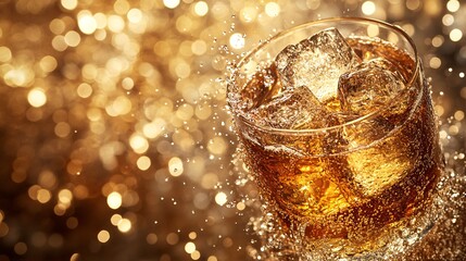 Fototapete - 45-degree topview Isolated on background a whiskey glass with swirling liquid and ice cubes splashing outward on a classic warm sepia-toned background with side empty space for text Stockphoto style
