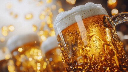Fototapete - 45-degree topview Isolated on background a frothy beer mug tilted slightly with foam dripping over the side as golden liquid splashes on a pale amber background with side empty space for text