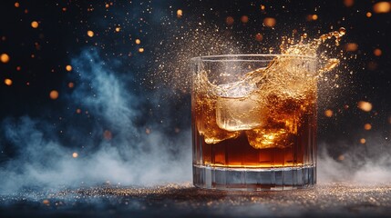 Fototapete - 45-degree topview Isolated on background a whiskey tumbler colliding with another glass creating a splash of golden liquid with a few ice cubes mid-motion on a smoky gray background with side empty