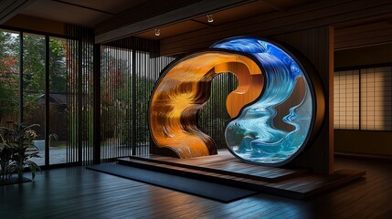 Poster - A tranquil, modern interior features a circular element showcasing flowing water patterns, blending nature with contemporary design.